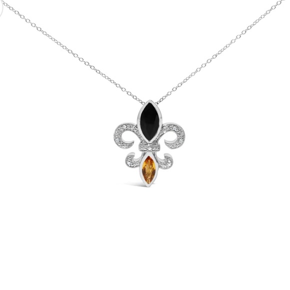 Haus of Brilliance Marquise Onyx Citrine and Diamond Fleur De Lis Necklace 18" - Picture 1 of 5